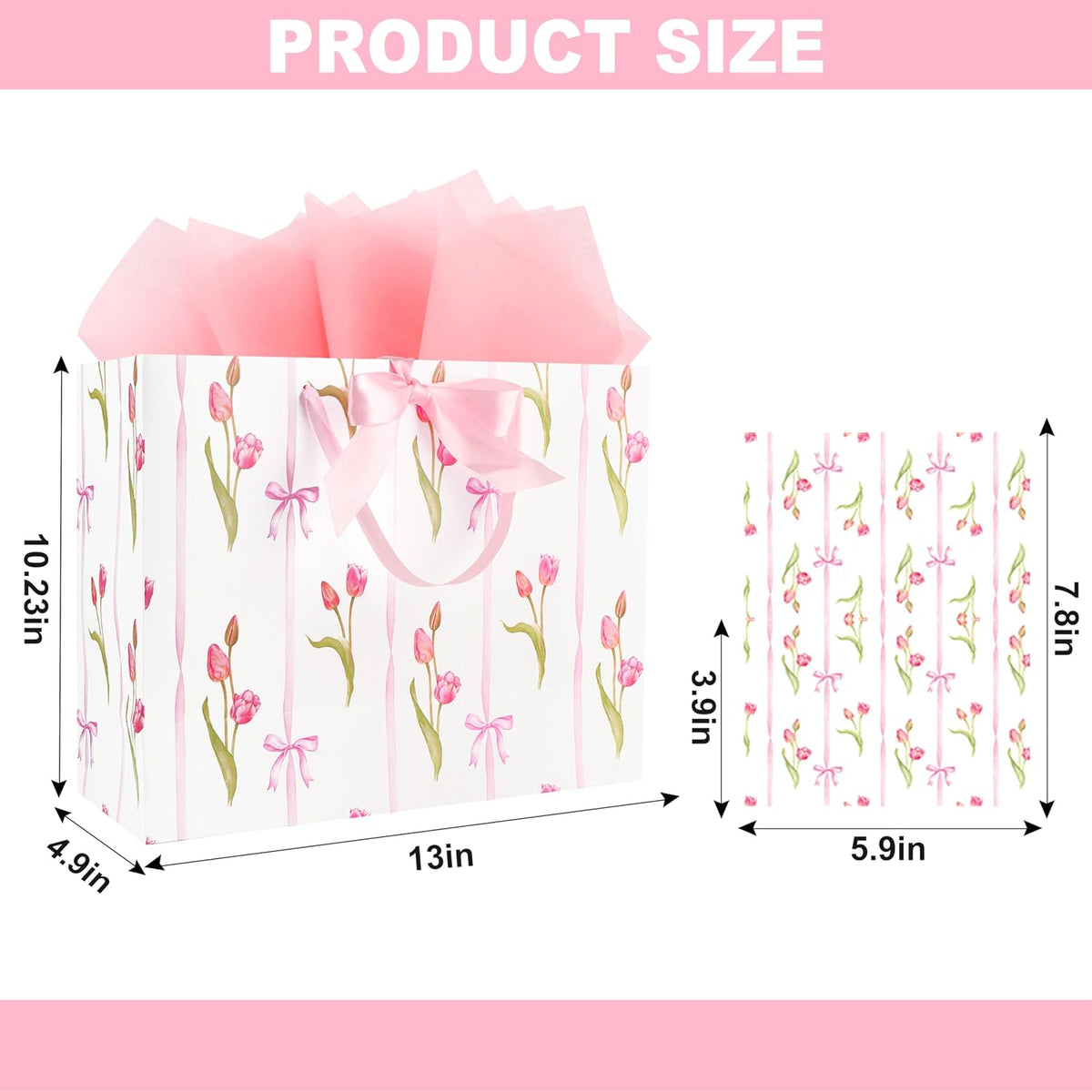 ASYEHNR 13" Large Size Pink Floral Gift Bag Tulip and Bows Pattern Gift Bag with Greeting Card Tissue Paper for Girls Women Birthday Baby Shower Wedding Mother's Day Valentine's Day Supplies