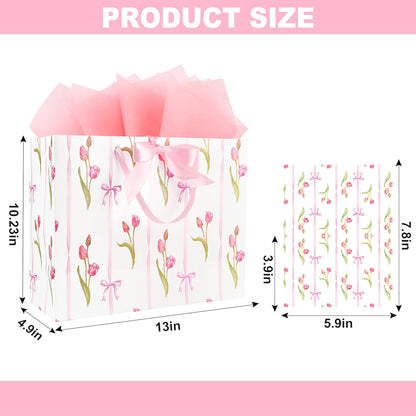 ASYEHNR 13" Large Size Pink Floral Gift Bag Tulip and Bows Pattern Gift Bag with Greeting Card Tissue Paper for Girls Women Birthday Baby Shower Wedding Mother's Day Valentine's Day Supplies