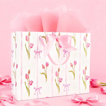 ASYEHNR 13" Large Size Pink Floral Gift Bag Tulip and Bows Pattern Gift Bag with Greeting Card Tissue Paper for Girls Women Birthday Baby Shower Wedding Mother's Day Valentine's Day Supplies