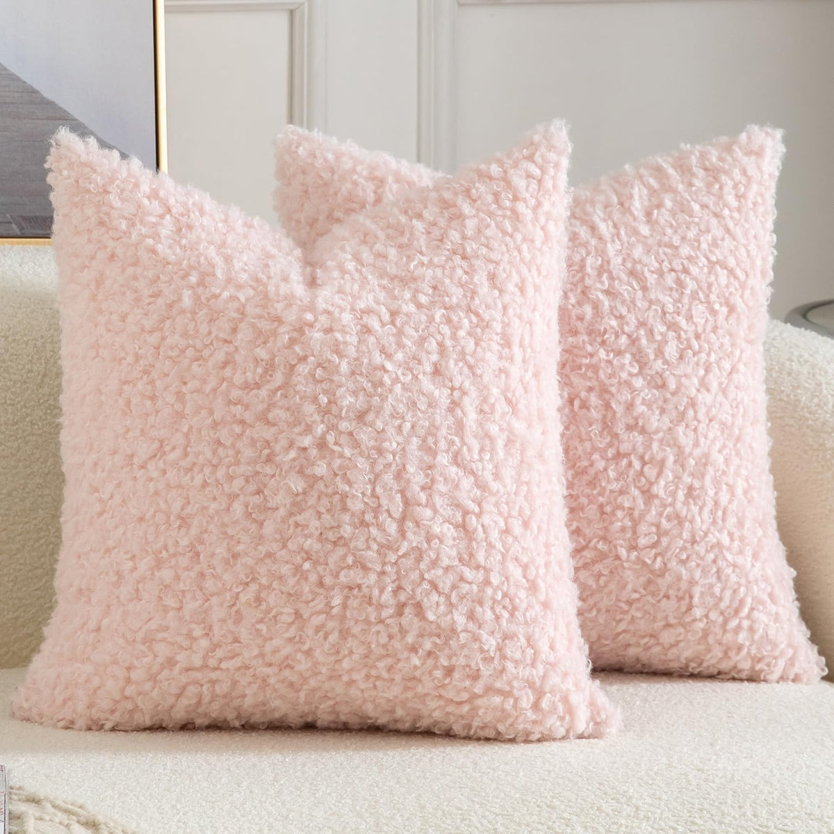 Pack of 2 Faux Fur Throw Pillow Covers Decorative Sherpa Boucle Pillow Covers Fuzzy Soft Pillowcases Sheepskin Fleece Cushion Case for Couch Sofa Bed Living Room 18x18 Inch Pink