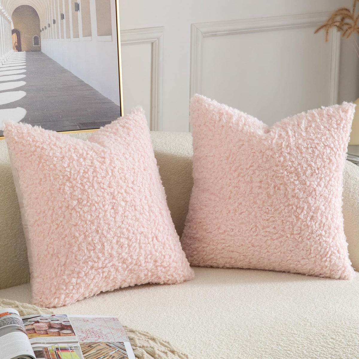 Pack of 2 Faux Fur Throw Pillow Covers Decorative Sherpa Boucle Pillow Covers Fuzzy Soft Pillowcases Sheepskin Fleece Cushion Case for Couch Sofa Bed Living Room 18x18 Inch Pink