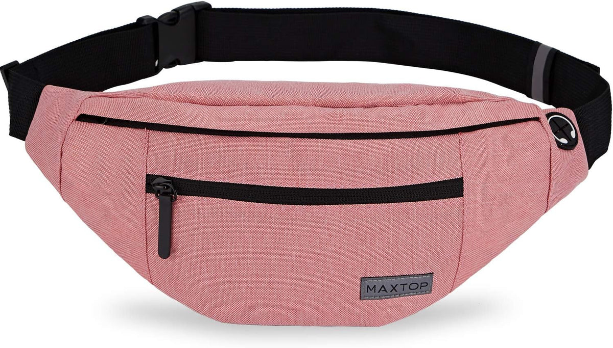 Large Pink Fanny Pack Cross Body Bag with 4-Zipper Pockets Adjustable Strap