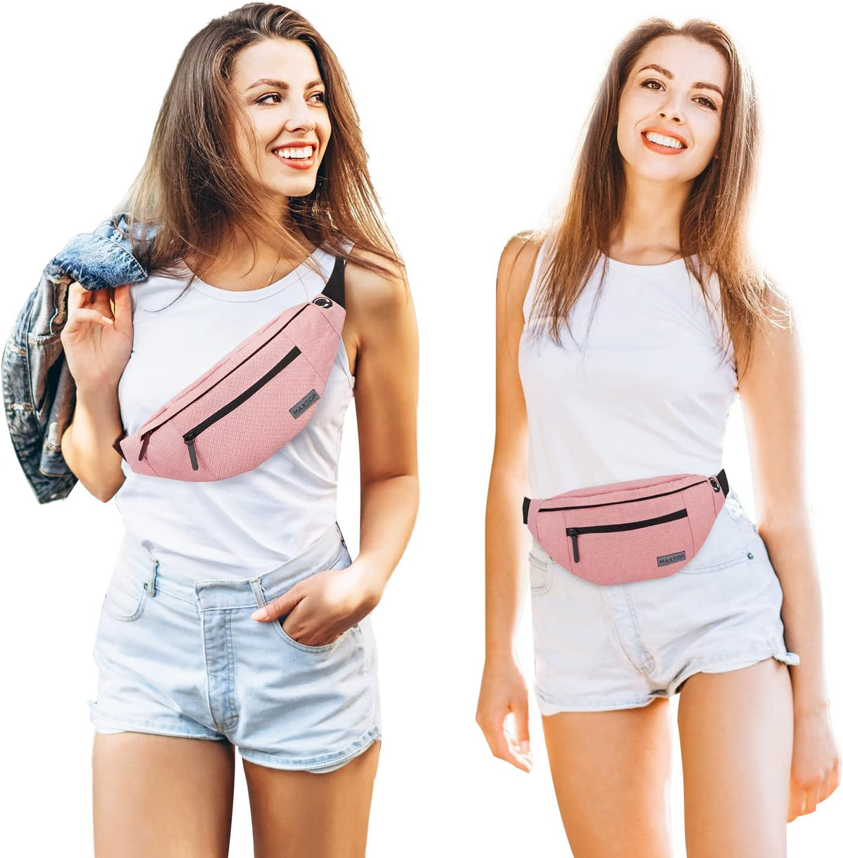Large Pink Fanny Pack Cross Body Bag with 4-Zipper Pockets Adjustable Strap