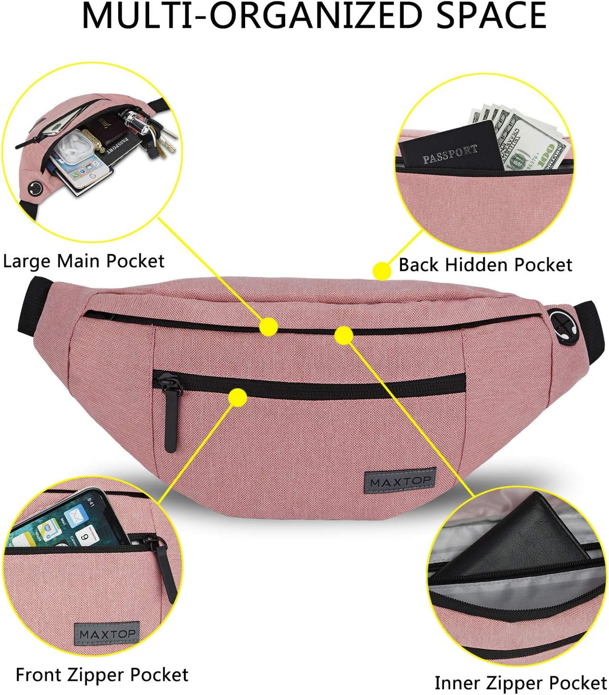 Large Pink Fanny Pack Cross Body Bag with 4-Zipper Pockets Adjustable Strap