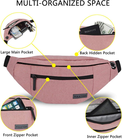 Large Pink Fanny Pack Cross Body Bag with 4-Zipper Pockets Adjustable Strap