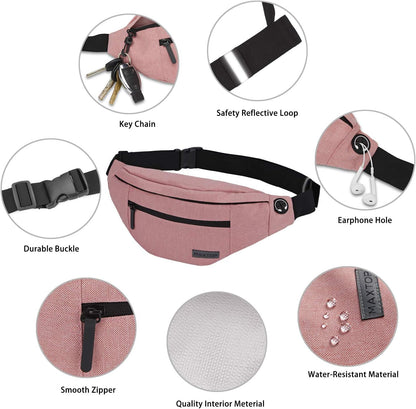 Large Pink Fanny Pack Cross Body Bag with 4-Zipper Pockets Adjustable Strap