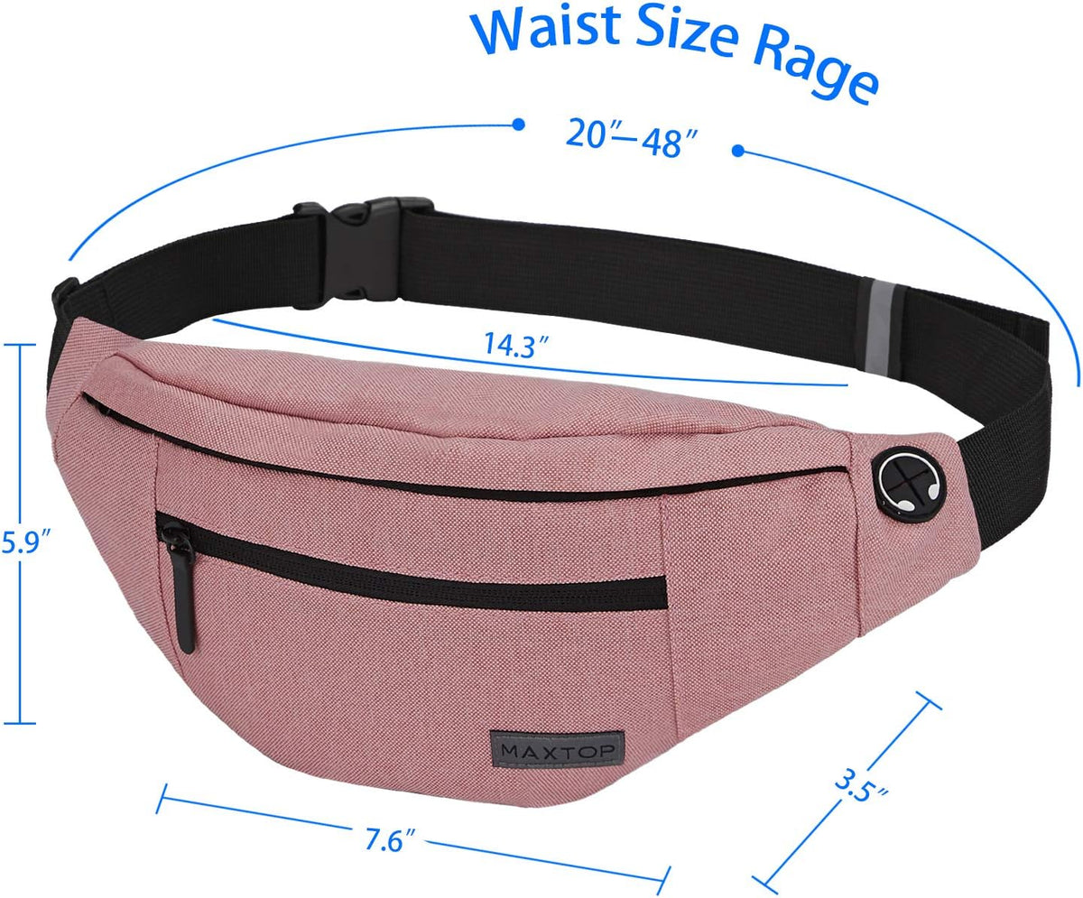 Large Pink Fanny Pack Cross Body Bag with 4-Zipper Pockets Adjustable Strap