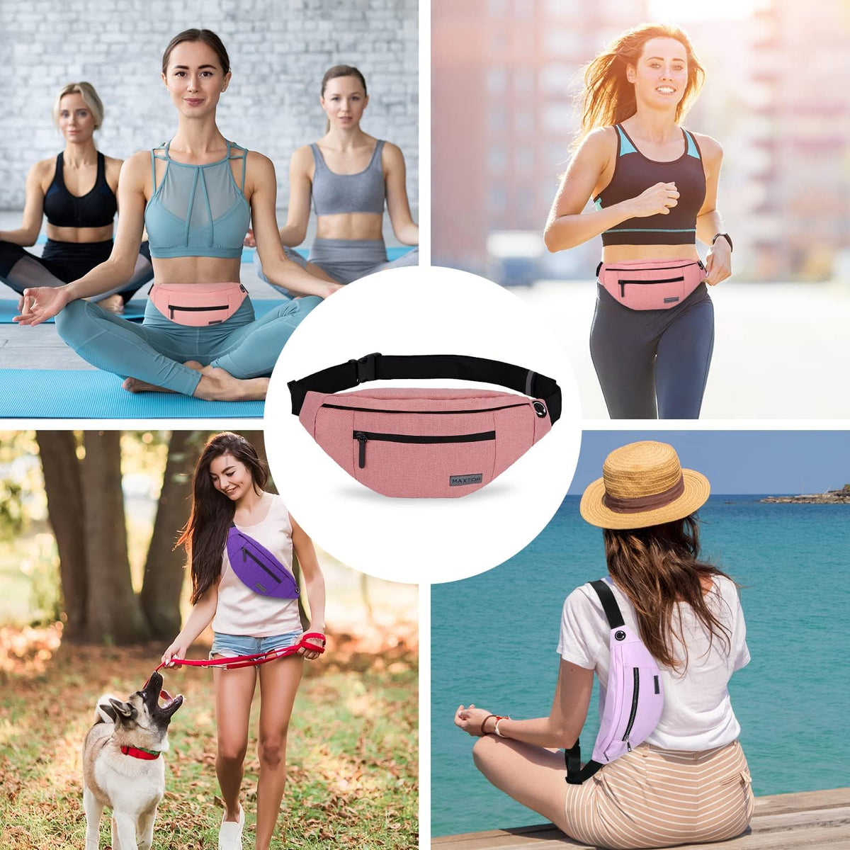 Large Pink Fanny Pack Cross Body Bag with 4-Zipper Pockets Adjustable Strap
