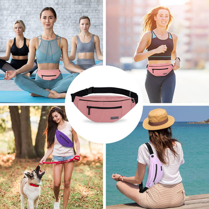 Large Pink Fanny Pack Cross Body Bag with 4-Zipper Pockets Adjustable Strap