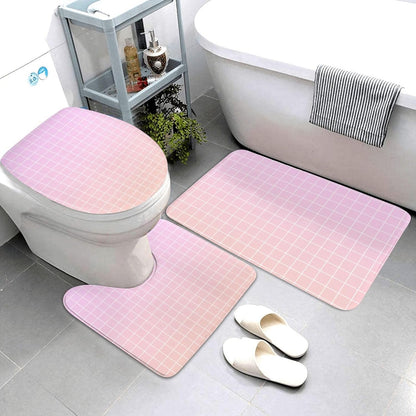 Bathroom Rugs Sets 3 Piece - Light Pink Ombre Grid Print Absorbent Non Slip Washable Bath Mats, U-Shape Toilet Lid Cover, Contour Mat, Soft Shower Mats Bath Rug Mat for Bathroom Tub Toilet