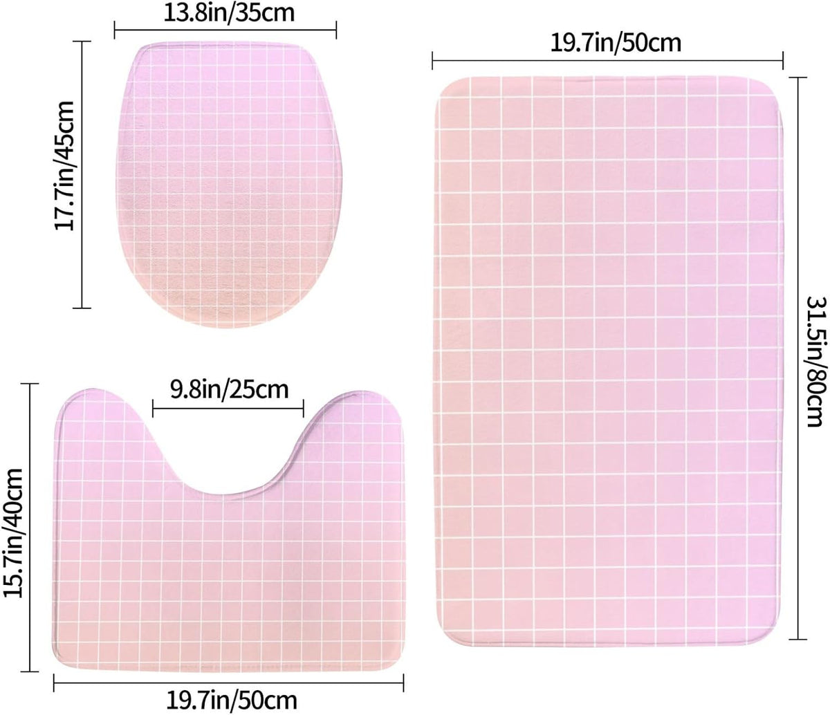 Bathroom Rugs Sets 3 Piece - Light Pink Ombre Grid Print Absorbent Non Slip Washable Bath Mats, U-Shape Toilet Lid Cover, Contour Mat, Soft Shower Mats Bath Rug Mat for Bathroom Tub Toilet