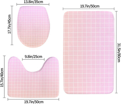 Bathroom Rugs Sets 3 Piece - Light Pink Ombre Grid Print Absorbent Non Slip Washable Bath Mats, U-Shape Toilet Lid Cover, Contour Mat, Soft Shower Mats Bath Rug Mat for Bathroom Tub Toilet