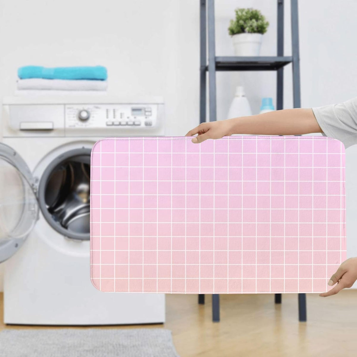 Bathroom Rugs Sets 3 Piece - Light Pink Ombre Grid Print Absorbent Non Slip Washable Bath Mats, U-Shape Toilet Lid Cover, Contour Mat, Soft Shower Mats Bath Rug Mat for Bathroom Tub Toilet