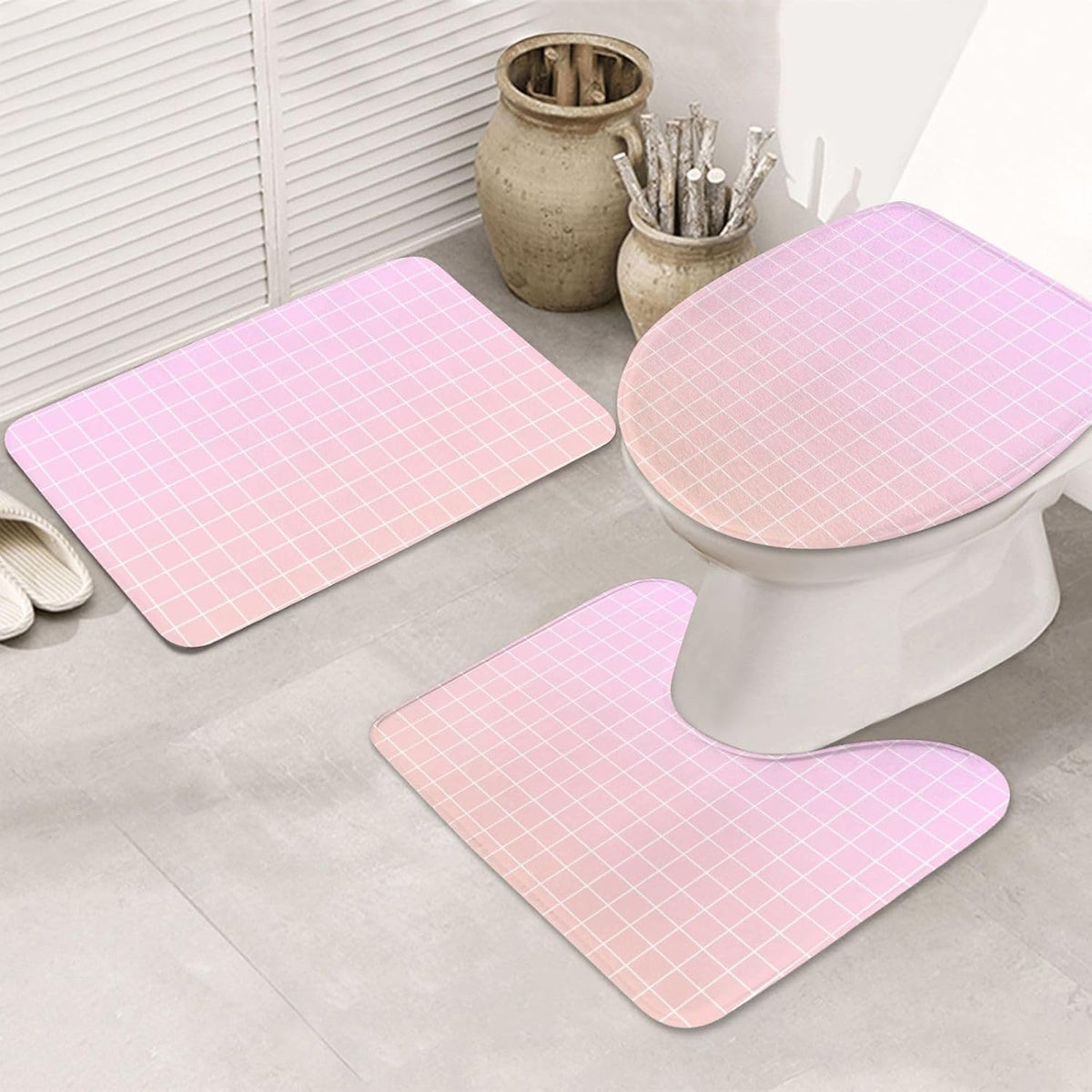 Bathroom Rugs Sets 3 Piece - Light Pink Ombre Grid Print Absorbent Non Slip Washable Bath Mats, U-Shape Toilet Lid Cover, Contour Mat, Soft Shower Mats Bath Rug Mat for Bathroom Tub Toilet