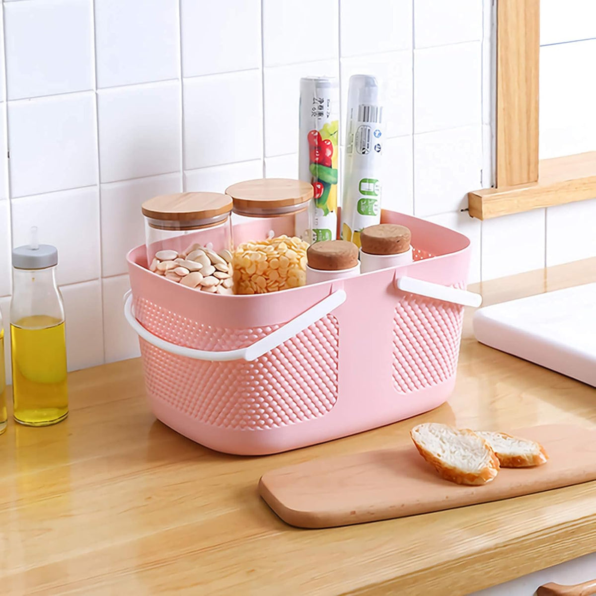 Portable Plastic Shower Caddy Basket Organizer with Handles, Pink