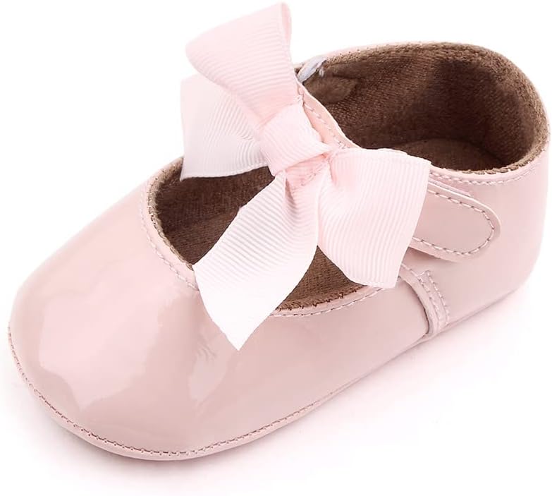 Infant Toddler Baby Girl Dress Shoes Mary Jane First Walking PU Leather Princess Wedding Rubber Sole Non-Slip with Bowknot Floral Flats