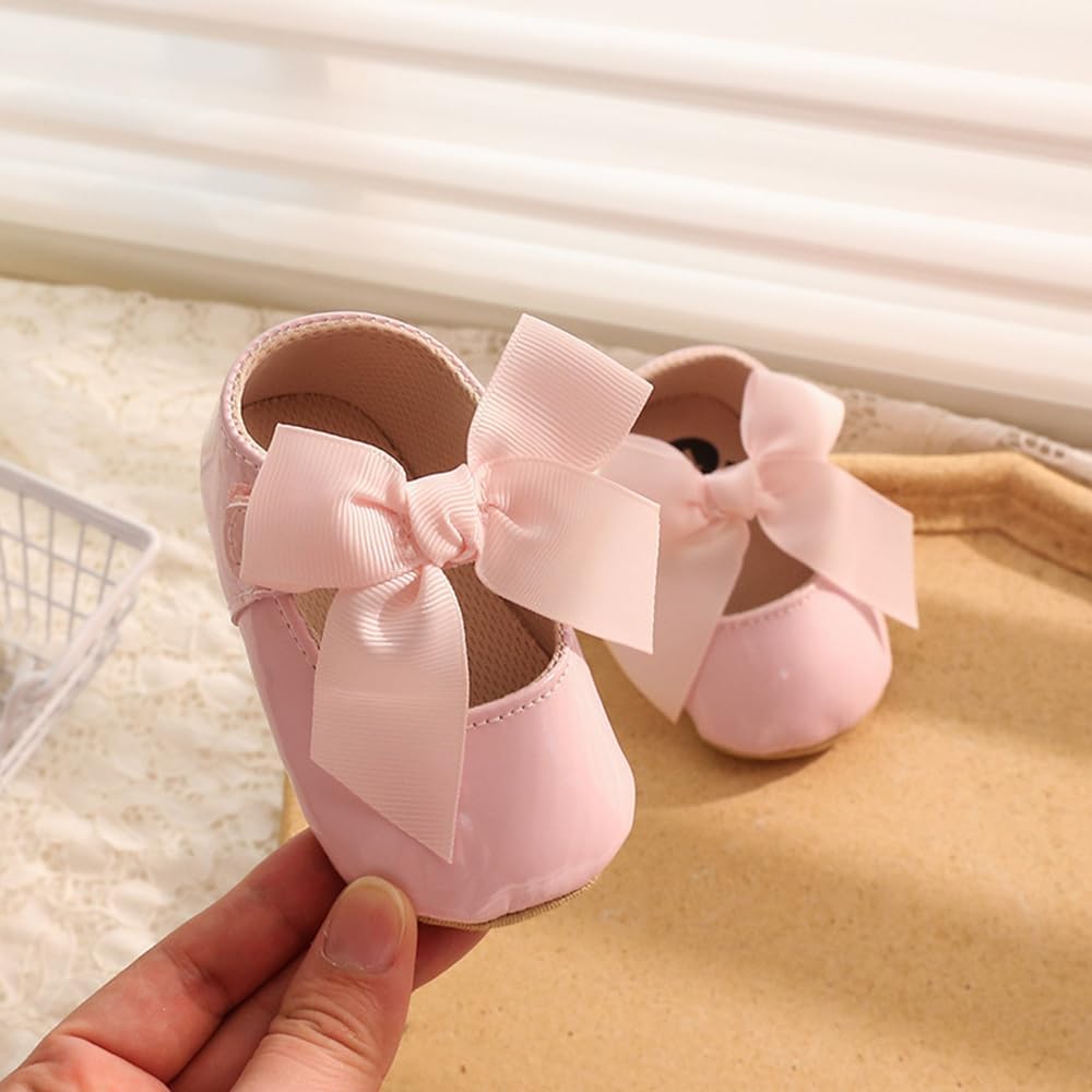 Infant Toddler Baby Girl Dress Shoes Mary Jane First Walking PU Leather Princess Wedding Rubber Sole Non-Slip with Bowknot Floral Flats
