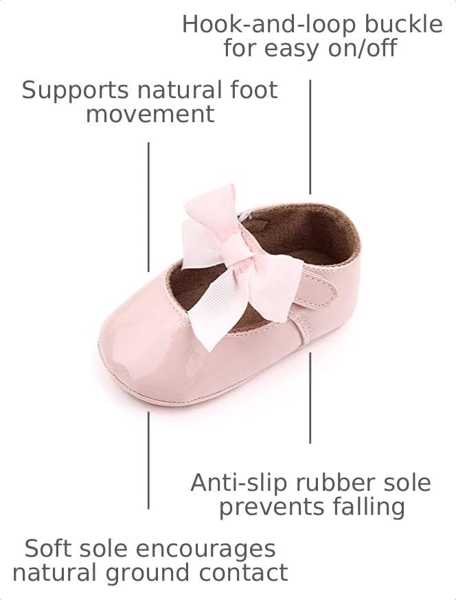 Infant Toddler Baby Girl Dress Shoes Mary Jane First Walking PU Leather Princess Wedding Rubber Sole Non-Slip with Bowknot Floral Flats