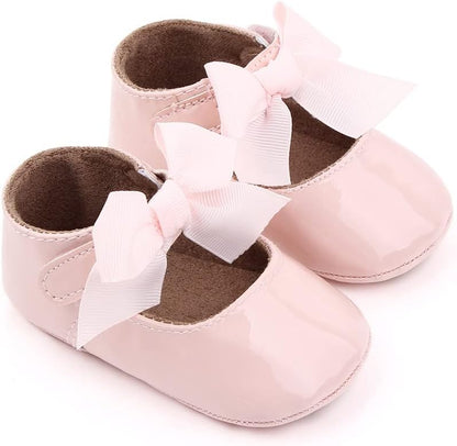 Infant Toddler Baby Girl Dress Shoes Mary Jane First Walking PU Leather Princess Wedding Rubber Sole Non-Slip with Bowknot Floral Flats