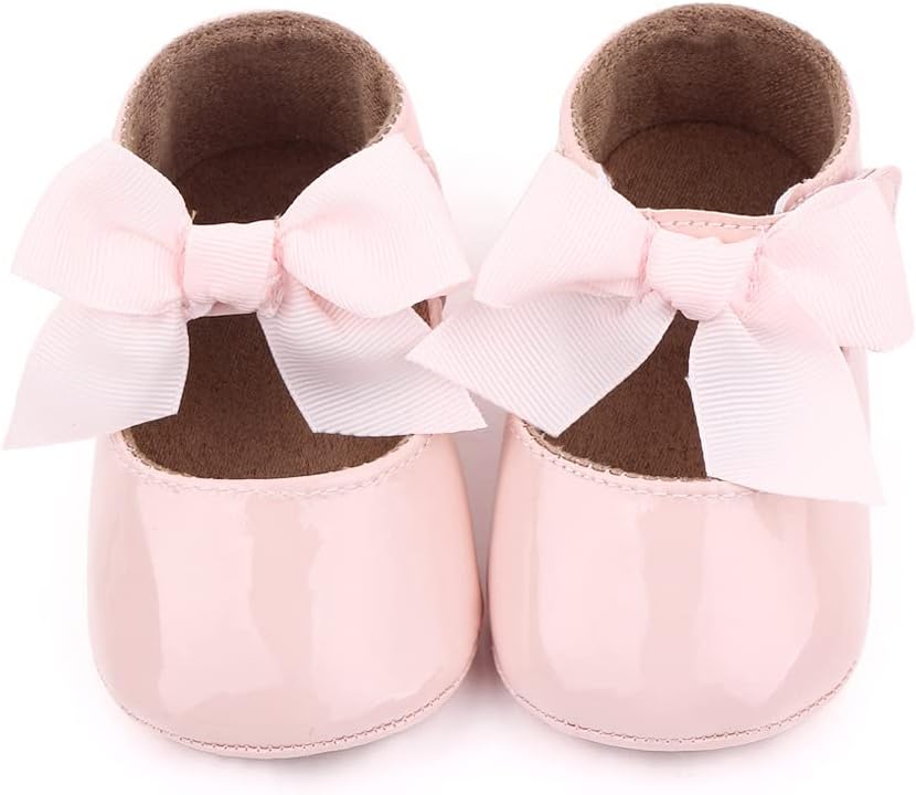 Infant Toddler Baby Girl Dress Shoes Mary Jane First Walking PU Leather Princess Wedding Rubber Sole Non-Slip with Bowknot Floral Flats