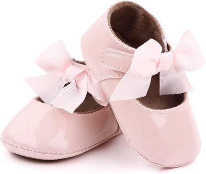 Infant Toddler Baby Girl Dress Shoes Mary Jane First Walking PU Leather Princess Wedding Rubber Sole Non-Slip with Bowknot Floral Flats