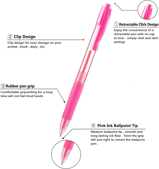 Pens Bulk 60 Pack Pink Click Pens Retractable Ballpoint Pens Medium Point,Smooth Ink Pen Soft Grip for Journaling School Office Supplies 1.0MM Pink Ink