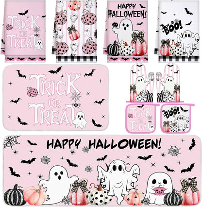 10 Pcs Pink Happy Halloween Kitchen Decor Set Pumpkins Ghost Boo Kitchen Rugs Towels Pot Holders Oven Mitts Trick or Treat Decorations for Halloween Baking Cooking BBQ