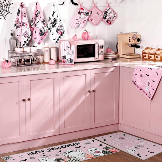 10 Pcs Pink Happy Halloween Kitchen Decor Set Pumpkins Ghost Boo Kitchen Rugs Towels Pot Holders Oven Mitts Trick or Treat Decorations for Halloween Baking Cooking BBQ