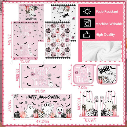 10 Pcs Pink Happy Halloween Kitchen Decor Set Pumpkins Ghost Boo Kitchen Rugs Towels Pot Holders Oven Mitts Trick or Treat Decorations for Halloween Baking Cooking BBQ