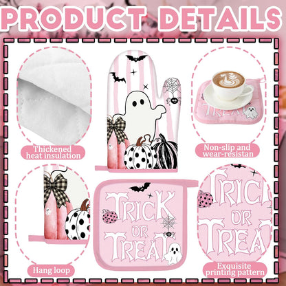 10 Pcs Pink Happy Halloween Kitchen Decor Set Pumpkins Ghost Boo Kitchen Rugs Towels Pot Holders Oven Mitts Trick or Treat Decorations for Halloween Baking Cooking BBQ