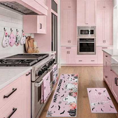 10 Pcs Pink Happy Halloween Kitchen Decor Set Pumpkins Ghost Boo Kitchen Rugs Towels Pot Holders Oven Mitts Trick or Treat Decorations for Halloween Baking Cooking BBQ