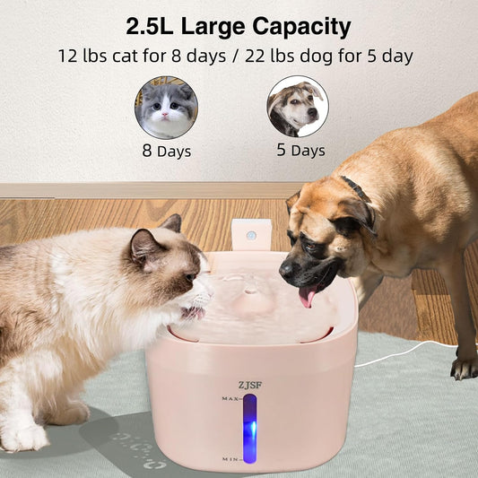 Cat Water Fountain, 2.5L Cat Fountain, Super Silent Pet Water Fountain, Water Dispenser with Smart Pump for Cats, Dogs, Multiple Pets Pink