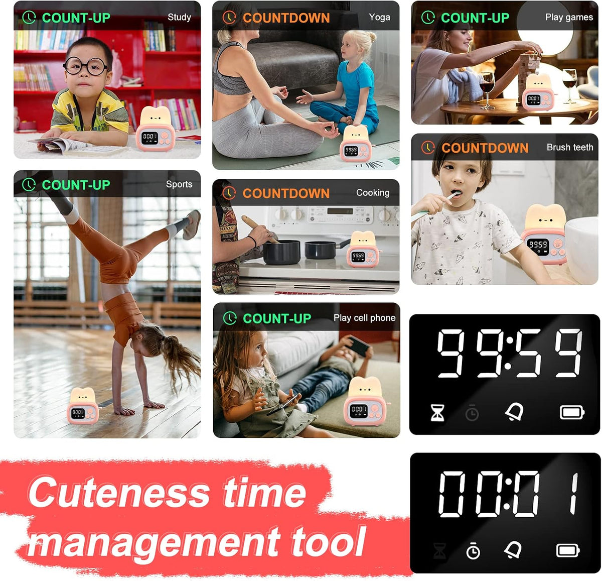 Timer Clock Night Light for Kids, Tiny Hand Size Portable LED Clock Lamp Kids Desktop Timer for Toothbrush, Learning, Exercise, Bathroom, Oven, Baking, Cooking, Table, Bedroom, Kitchen