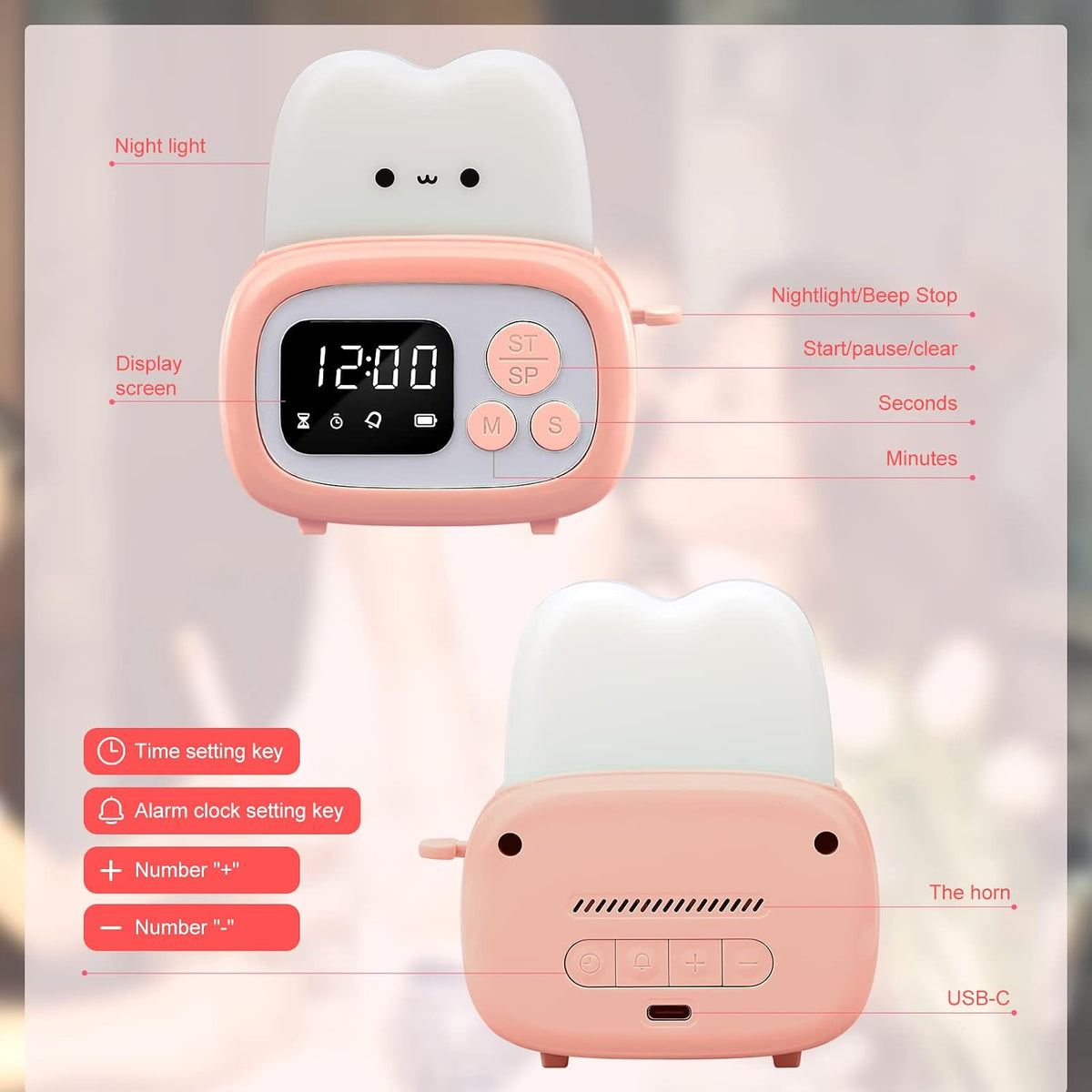 Timer Clock Night Light for Kids, Tiny Hand Size Portable LED Clock Lamp Kids Desktop Timer for Toothbrush, Learning, Exercise, Bathroom, Oven, Baking, Cooking, Table, Bedroom, Kitchen