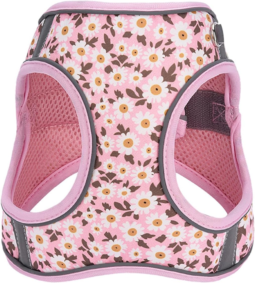 Small Dog Harness Pink Daisy Flowers No Pull Reflective Harness