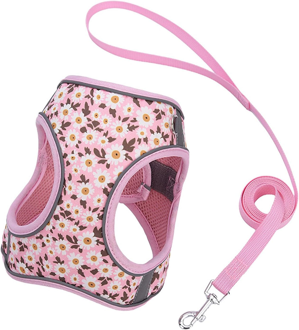 Small Dog Harness Pink Daisy Flowers No Pull Reflective Harness
