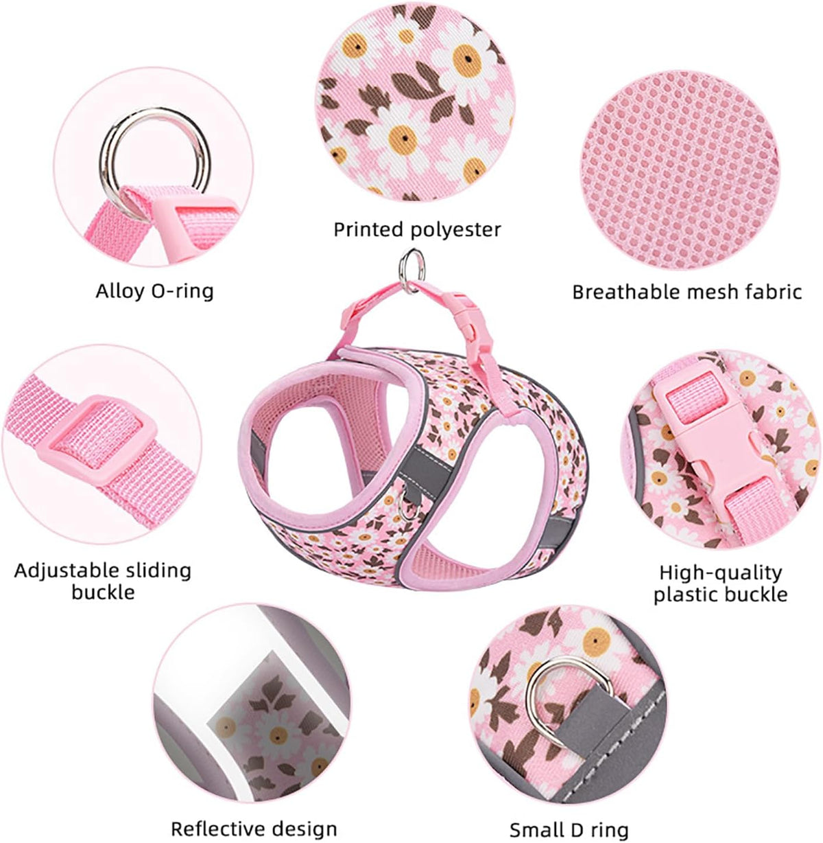 Small Dog Harness Pink Daisy Flowers No Pull Reflective Harness