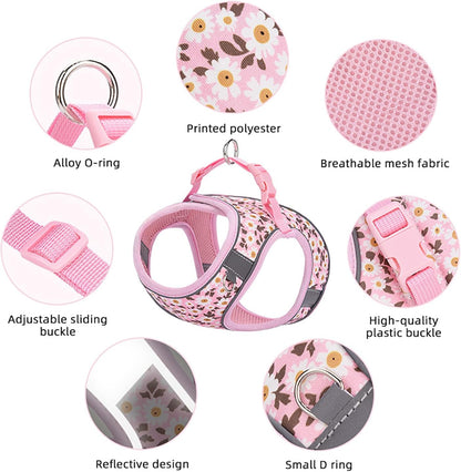 Small Dog Harness Pink Daisy Flowers No Pull Reflective Harness