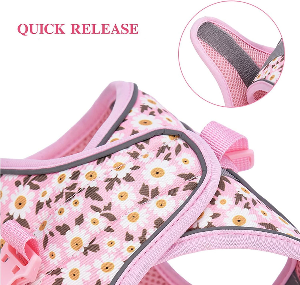 Small Dog Harness Pink Daisy Flowers No Pull Reflective Harness