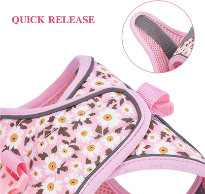 Small Dog Harness Pink Daisy Flowers No Pull Reflective Harness