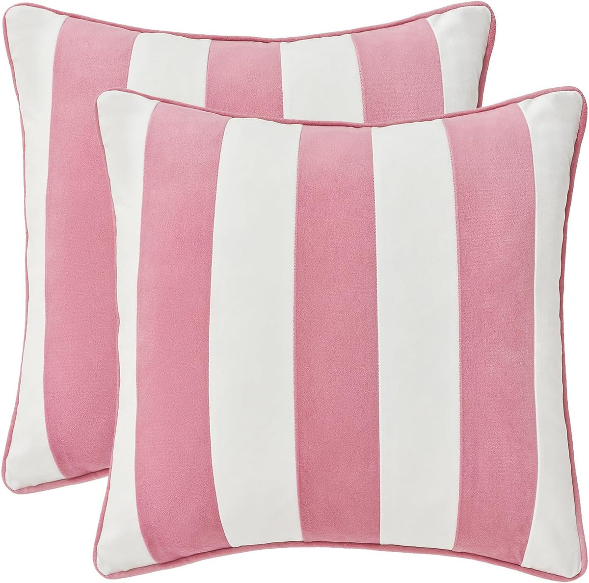 Decorative Throw Pillow Covers Cushion Cases, Set of 2 Soft Velvet Striped Piping Edge Designs, Pillow Inserts Not Included (20x20 inch, Light Pink/White)