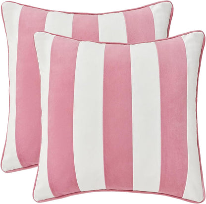 Decorative Throw Pillow Covers Cushion Cases, Set of 2 Soft Velvet Striped Piping Edge Designs, Pillow Inserts Not Included (20x20 inch, Light Pink/White)