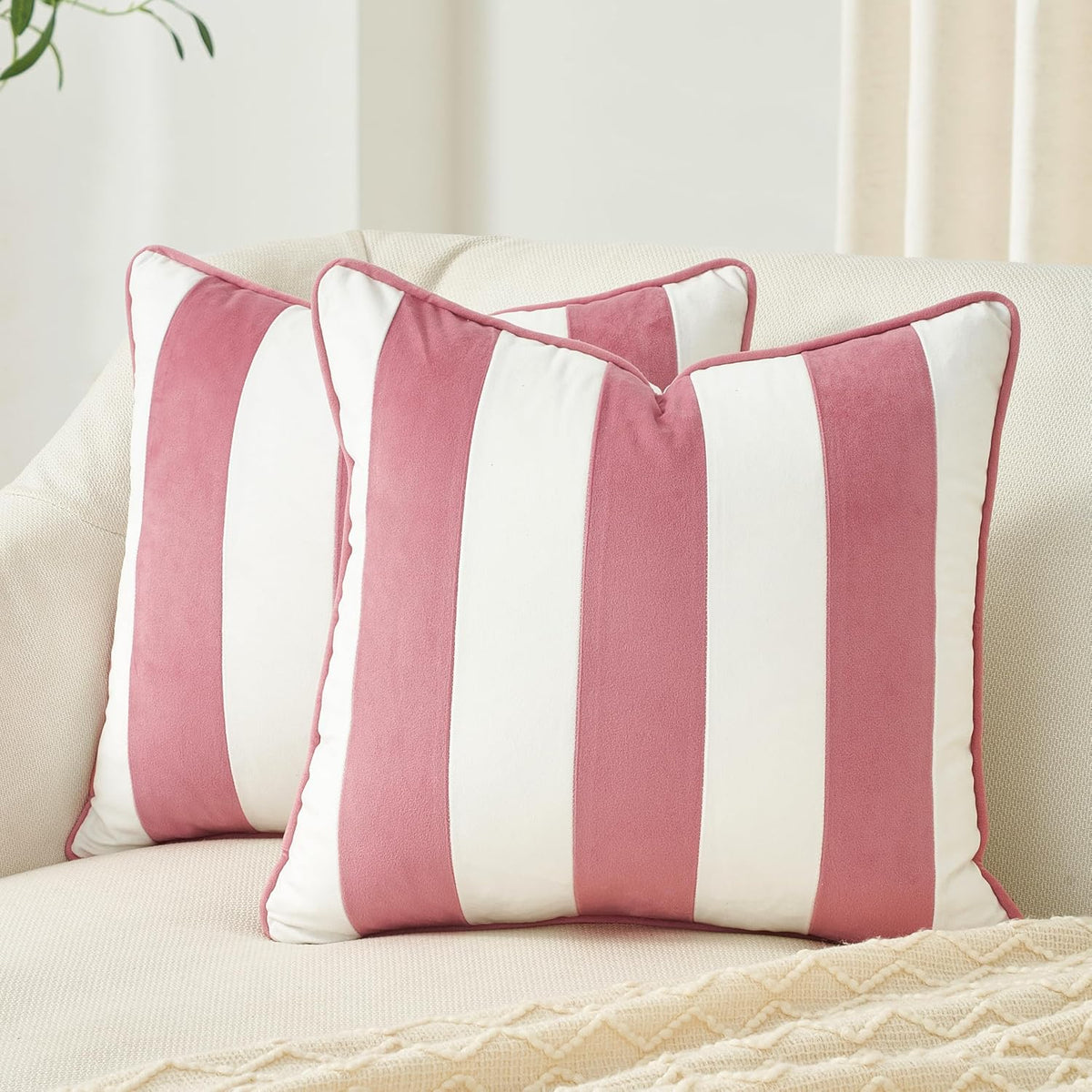 Decorative Throw Pillow Covers Cushion Cases, Set of 2 Soft Velvet Striped Piping Edge Designs, Pillow Inserts Not Included (20x20 inch, Light Pink/White)
