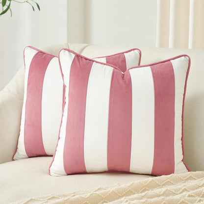 Decorative Throw Pillow Covers Cushion Cases, Set of 2 Soft Velvet Striped Piping Edge Designs, Pillow Inserts Not Included (20x20 inch, Light Pink/White)