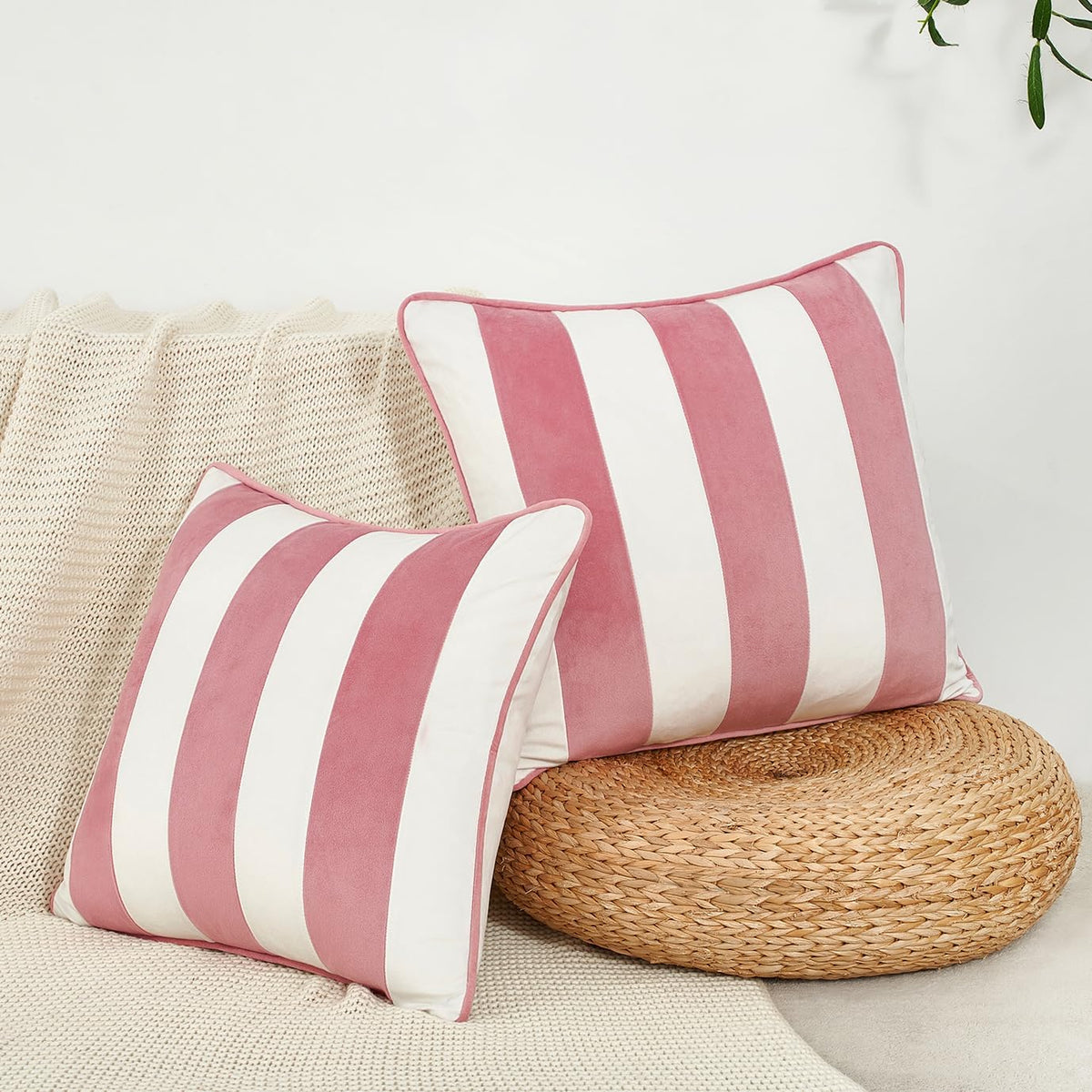Decorative Throw Pillow Covers Cushion Cases, Set of 2 Soft Velvet Striped Piping Edge Designs, Pillow Inserts Not Included (20x20 inch, Light Pink/White)