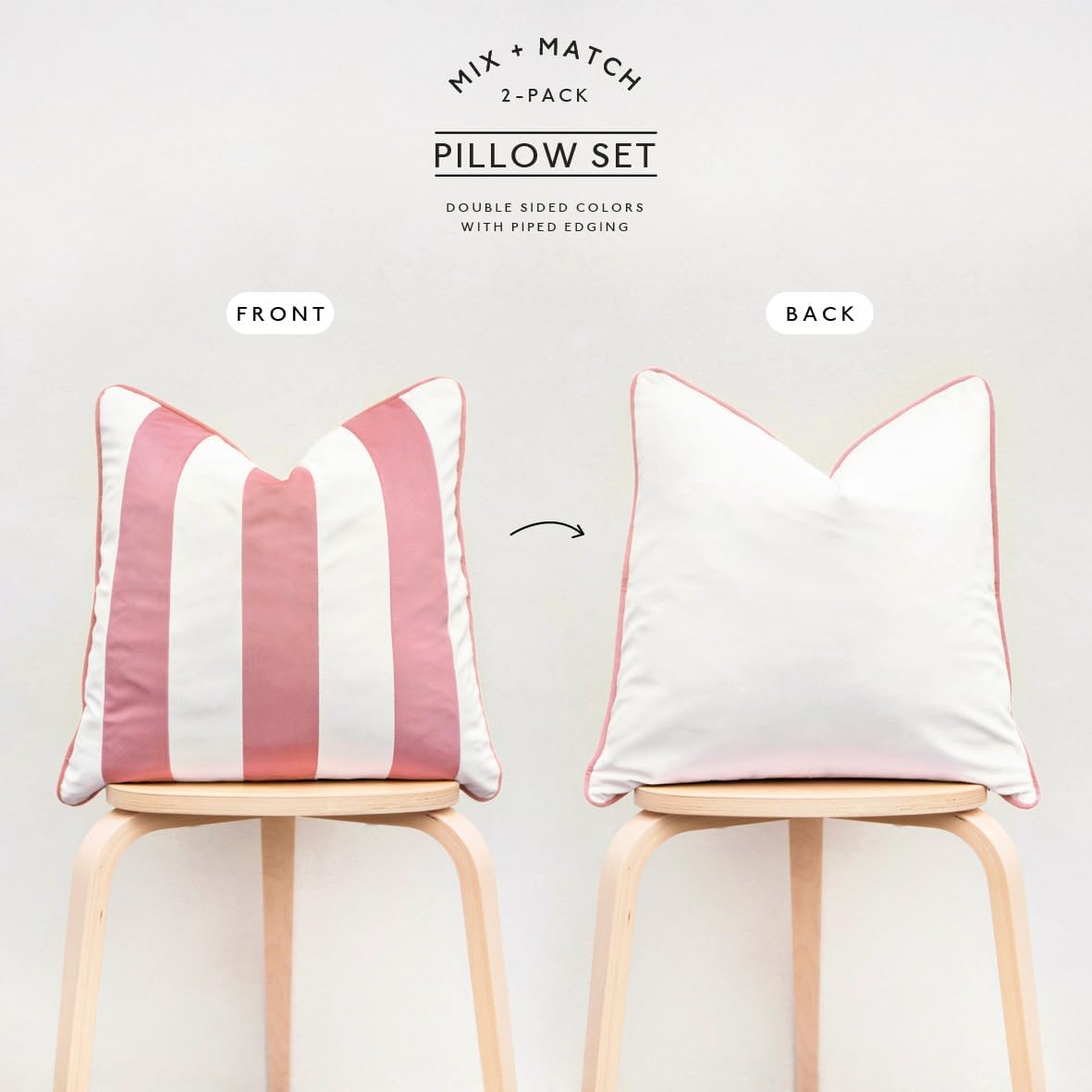 Decorative Throw Pillow Covers Cushion Cases, Set of 2 Soft Velvet Striped Piping Edge Designs, Pillow Inserts Not Included (20x20 inch, Light Pink/White)