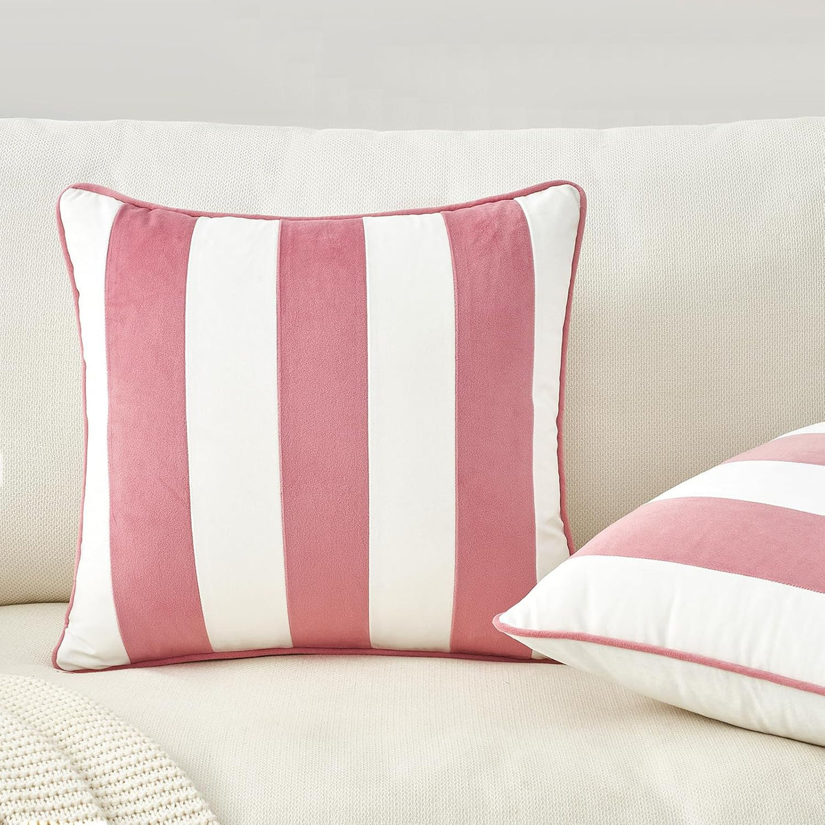 Decorative Throw Pillow Covers Cushion Cases, Set of 2 Soft Velvet Striped Piping Edge Designs, Pillow Inserts Not Included (20x20 inch, Light Pink/White)