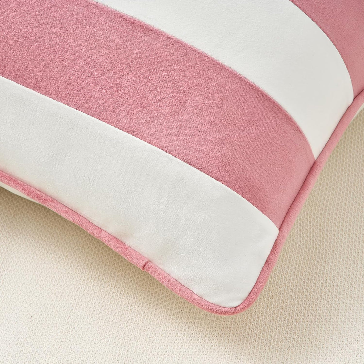 Decorative Throw Pillow Covers Cushion Cases, Set of 2 Soft Velvet Striped Piping Edge Designs, Pillow Inserts Not Included (20x20 inch, Light Pink/White)