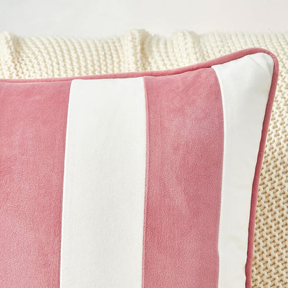 Decorative Throw Pillow Covers Cushion Cases, Set of 2 Soft Velvet Striped Piping Edge Designs, Pillow Inserts Not Included (20x20 inch, Light Pink/White)