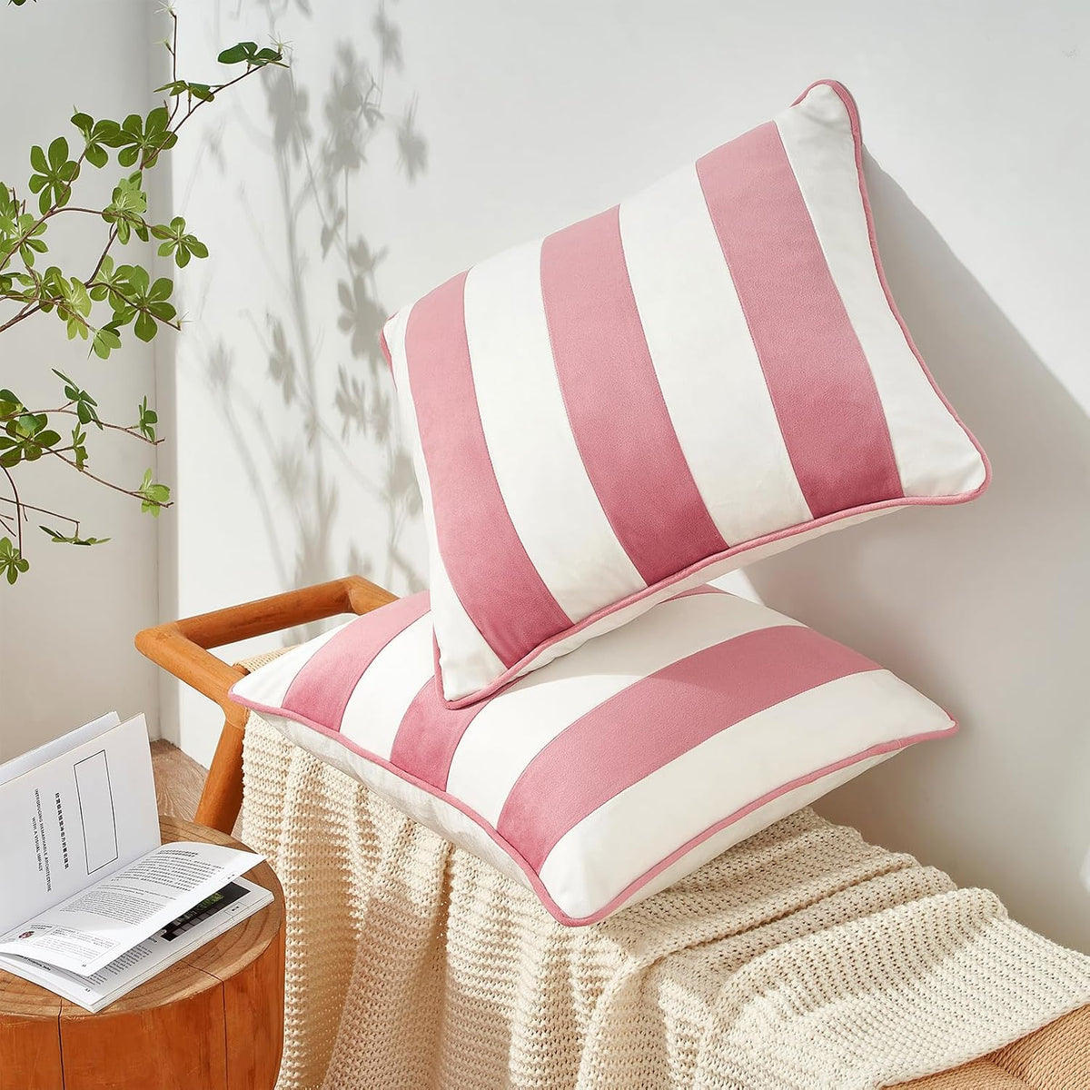 Decorative Throw Pillow Covers Cushion Cases, Set of 2 Soft Velvet Striped Piping Edge Designs, Pillow Inserts Not Included (20x20 inch, Light Pink/White)